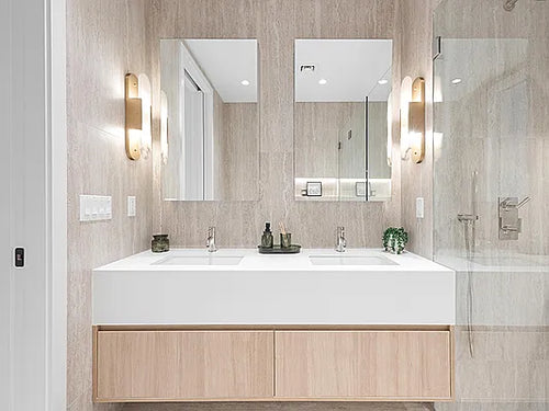 Contemporary bathroom with double sink wood vanity and marble countertop